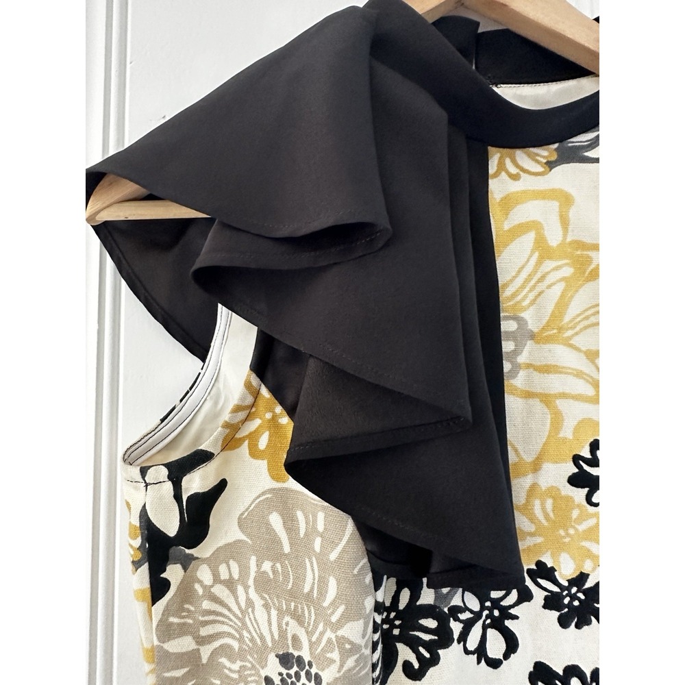 Floral Ruffle Shoulder Sheath Dress Women's Small Black Mustard Ivory - Picture 6 of 7